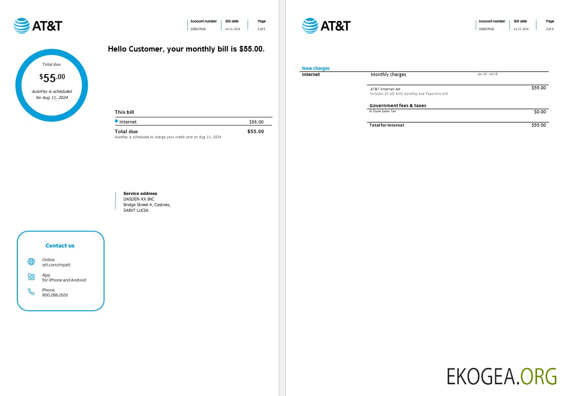 Modèle Word et PDF de facture de services publics Internet pour les entreprises de Sainte Lucie, 3 pages1